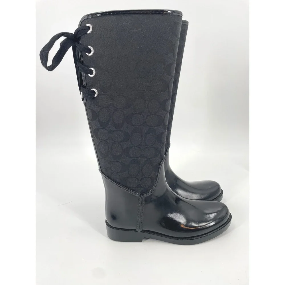 Coach Rain Boots Womens 8 Black Rubber Canvas Monogram Lace Up Tall Luxury